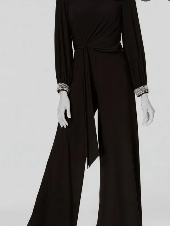 MSK Pants - MSK Black Wide-Leg Jumpsuit with Tie Waist Faux Pearl and Gem Cuffs Size M Bnwt